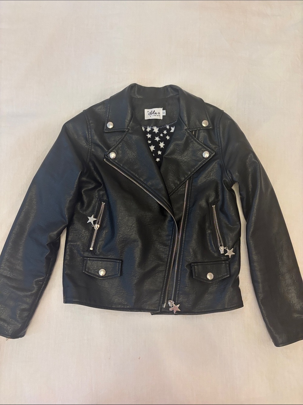 Lola and the Boys Faux Leather Moto Jacket with rainbow & star accents